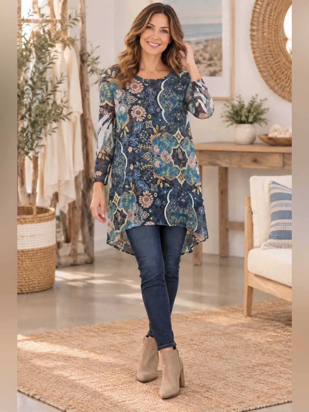 Jess & Jane Blue Floral Medallion High-Low Tunic Top